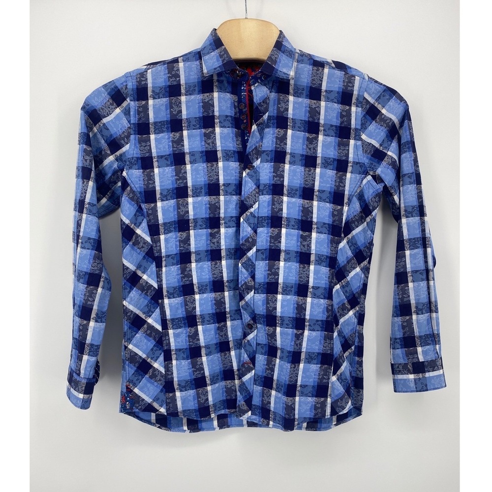 Au Noir Button Down Mens L Blue Plaid Floral Jacquard Cotton Excellent Shirt
